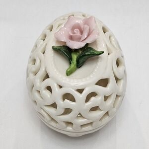 Vintage Porcelain Opalescent Egg Shaped Trinket Box with Raised Sculpted Flowers